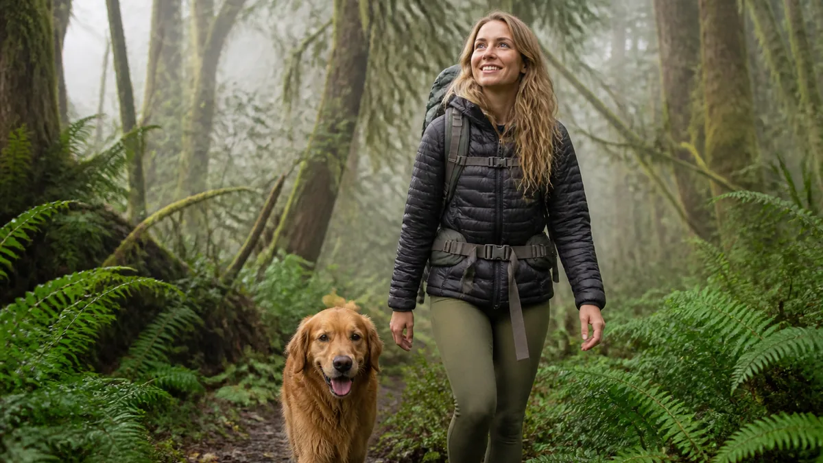 Harper Ellis hiking with Finn through a misty forest trail