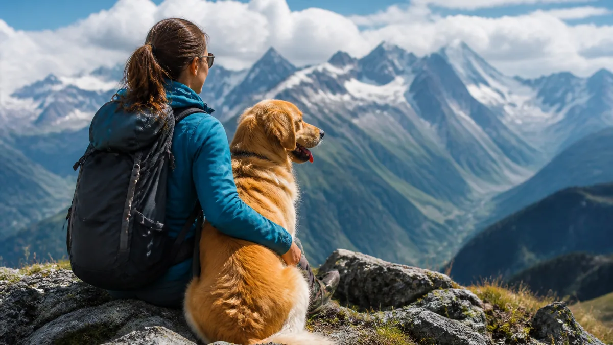 Harper Ellis resting with Finn at a mountain viewpoint above the clouds