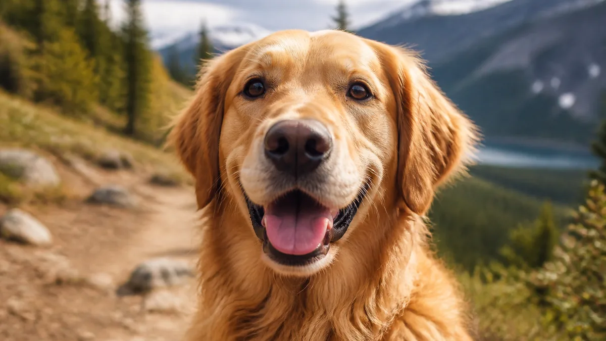 Close-up portrait of Finn, a golden retriever, on a hiking trail