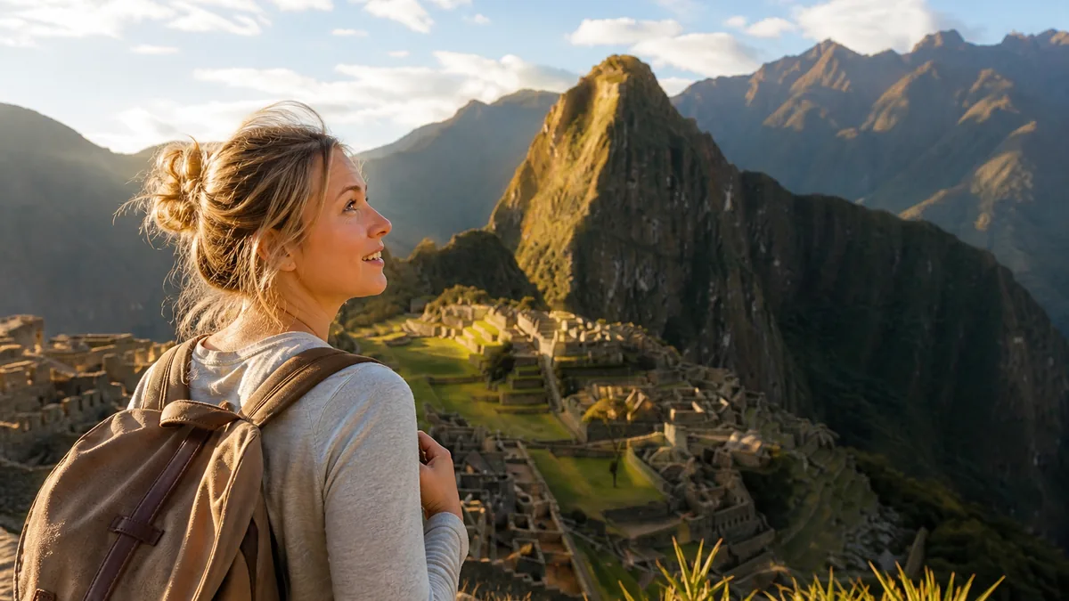 Harper Ellis standing above the ruins of Machu Picchu in Peru